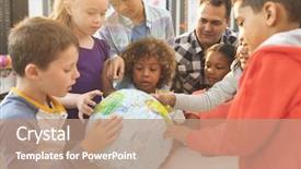  Presentation with earth kids - Audience pleasing presentation design consisting of discusing over a earth globe backdrop and a coral colored foreground