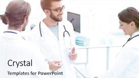  Presentation with staff - Slide set enhanced with discuss in a modern hospital background and a sky blue colored foreground