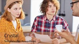  Presentation with two men climbing - Amazing slide deck having discuss papers and working plans backdrop and a  colored foreground