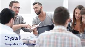  Presentation with financial - Presentation theme with discusses with the business team background and a  colored foreground