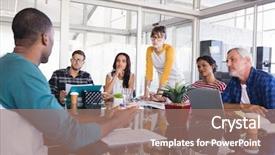  Presentation with blue and orange business people - Slide deck enhanced with discussing at desk during meeting background and a coral colored foreground