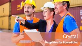  Presentation with container port - Audience pleasing slide set consisting of discussing freight or shipment documents backdrop and a  colored foreground