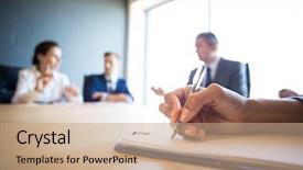  Presentation with conference table - Colorful PPT theme enhanced with discussing in meeting at conference backdrop and a coral colored foreground