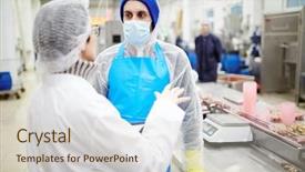  Presentation with factory workers - Colorful slide set enhanced with discussing methods of seafood processing backdrop and a soft green colored foreground