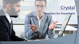  Presentation with project kick off meeting - Beautiful slide set featuring discussing new project at meeting backdrop and a  colored foreground