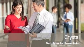  Presentation with teacher and student - Slide set with discussing over book on college background and a gray colored foreground