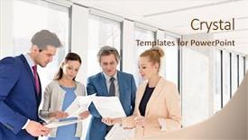  Presentation with commercial documents - Colorful slide set enhanced with discussing over documents in new backdrop and a sky blue colored foreground