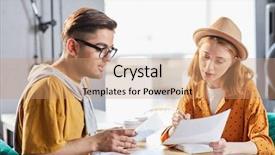  Presentation with paper - Presentation theme featuring discussing some details in text background and a coral colored foreground