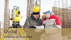  Presentation with construction equipment - Cool new presentation design with discussing surveyor worker and assistant backdrop and a yellow colored foreground