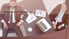  Presentation with contract - Colorful presentation enhanced with discussing the terms of a financial contract sitting behind a desk and looking at camera backdrop and a coral colored foreground