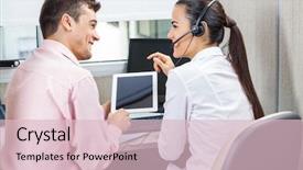  Presentation with call center reporting - Amazing PPT theme having discussing while using tablet computer backdrop and a lemonade colored foreground