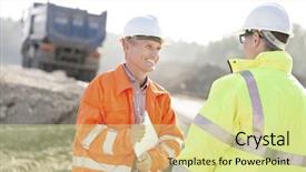  Presentation with construction site construction - Colorful presentation design enhanced with discussing with colleague at construction backdrop and a blonde colored foreground