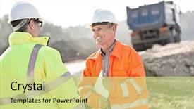  Presentation with industrial engineering silhouette construction - Presentation with discussing with colleague at construction background and a soft green colored foreground