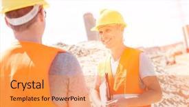  Presentation with gas planet construction - Presentation consisting of discussing with colleague at construction background and a yellow colored foreground