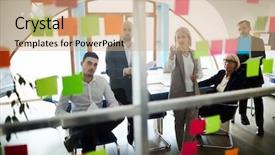  Presentation with group - Colorful slides enhanced with discussing workflow on notepaper backdrop and a coral colored foreground