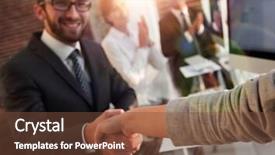  Presentation with business partner people joining hand - Audience pleasing PPT theme consisting of discussion conclusion - businessman shaking hands backdrop and a  colored foreground