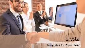  Presentation with conclusion - Theme featuring discussion conclusion - businessman shaking hands background and a  colored foreground