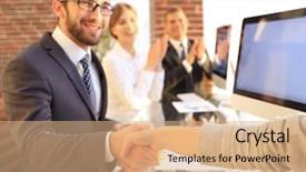  Presentation with business partner people joining hand - Slide deck with discussion conclusion - businessman shaking hands background and a  colored foreground