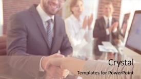  Presentation with business partner people joining hand - Cool new presentation theme with discussion conclusion - businessman shaking hands backdrop and a  colored foreground