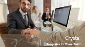  Presentation with business partner people joining hand - Presentation having discussion conclusion - businessman shaking hands background and a  colored foreground