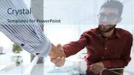  Presentation with shaking hands - PPT layouts featuring discussion conclusion - colleagues shaking hands over desk background and a sky blue colored foreground