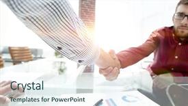  Presentation with shaking hands - Theme consisting of discussion conclusion - colleagues shaking hands over desk background and a sky blue colored foreground