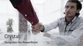  Presentation with shaking hands - Amazing PPT layouts having discussion conclusion - colleagues shaking hands over desk backdrop and a light gray colored foreground