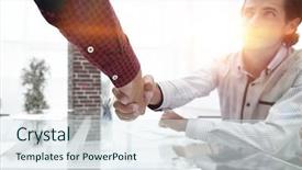  Presentation with shaking hands - PPT theme consisting of discussion conclusion - colleagues shaking hands over desk background and a sky blue colored foreground