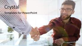  Presentation with conclusion - Colorful presentation design enhanced with discussion conclusion - colleagues shaking hands over desk backdrop and a lemonade colored foreground