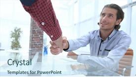  Presentation with shaking hands - Amazing theme having discussion conclusion - colleagues shaking hands over desk backdrop and a sky blue colored foreground