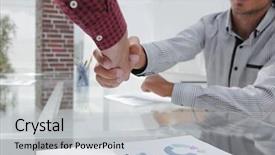  Presentation with shaking hands - Theme having discussion conclusion - colleagues shaking hands over desk background and a light gray colored foreground