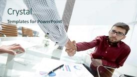  Presentation with shaking hands - Amazing slide deck having discussion conclusion - colleagues shaking hands over desk backdrop and a lemonade colored foreground