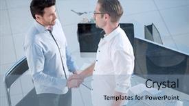  Presentation with desktop - Slide deck featuring discussion conclusion - handshake business people near background and a  colored foreground