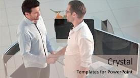  Presentation with desktop - Cool new PPT theme with discussion conclusion - handshake business people near backdrop and a  colored foreground