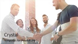  Presentation with handshake - Cool new PPT theme with discussion conclusion - handshake business people backdrop and a coral colored foreground