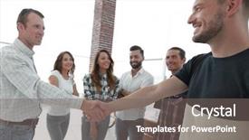  Presentation with handshake - Slide deck having discussion conclusion - handshake business people background and a gray colored foreground