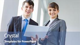  Presentation with people lost money fired businessman - Presentation theme featuring discussion conclusion - young happy businessman and businesswoman background and a  colored foreground