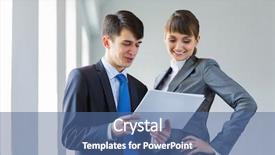  Presentation with people - PPT theme featuring discussion conclusion - young happy businessman and businesswoman background and a ocean colored foreground