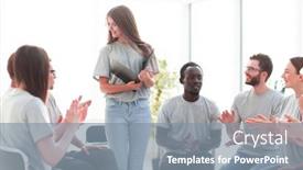  Presentation with group discussion - Slides having discussion-group-of-young-people background and a mint green colored foreground