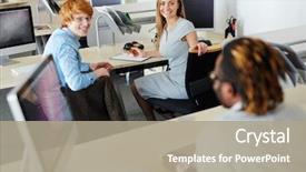  Presentation with mission strategic plan - Audience pleasing PPT theme consisting of discussion in open plan office backdrop and a mint green colored foreground