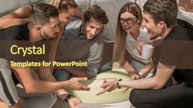  Presentation with meeting - Cool new PPT theme with discussion member - young entrepreneurs discussing business documents backdrop and a  colored foreground