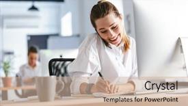  Presentation with workplace discremation - Audience pleasing PPT theme consisting of discussion text - cheerful young businesswoman sitting backdrop and a soft green colored foreground