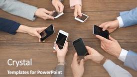  Presentation with smartphones - Amazing slide set having discussion text - people sitting at table backdrop and a coral colored foreground