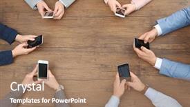  Presentation with smartphones - Slide set with discussion text - people sitting at table background and a coral colored foreground