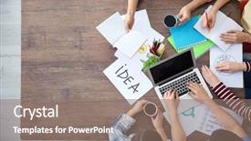  Presentation with team discussion marketing - PPT theme with discussion text - young team working with marketing background and a coral colored foreground