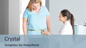 Presentation with measuring - Amazing PPT theme having disease - young female doctor measuring waist backdrop and a light blue colored foreground