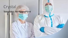  Presentation with employees - Beautiful theme featuring disease-control-employees-in-protective backdrop and a light gray colored foreground