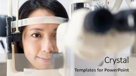  Presentation with review - Audience pleasing PPT theme consisting of disease review - woman look in ophthalmoscope backdrop and a soft green colored foreground