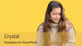  Presentation with stomach disease - PPT theme having diseases - young beautiful brunette woman wearing background and a yellow colored foreground
