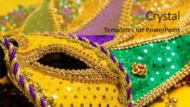  Presentation with venetian mask mardi gras - Colorful PPT theme enhanced with disguise on a yellow background backdrop and a gold colored foreground